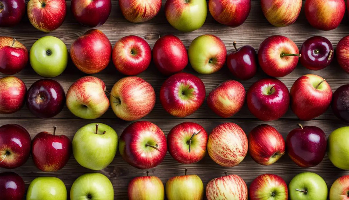 A variety of fresh apples neatly arranged on a wooden table