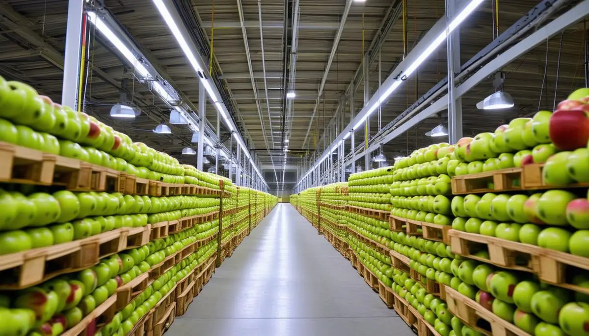 A modern, large-scale apple cold storage facility with rows of neatly stacked apple crates