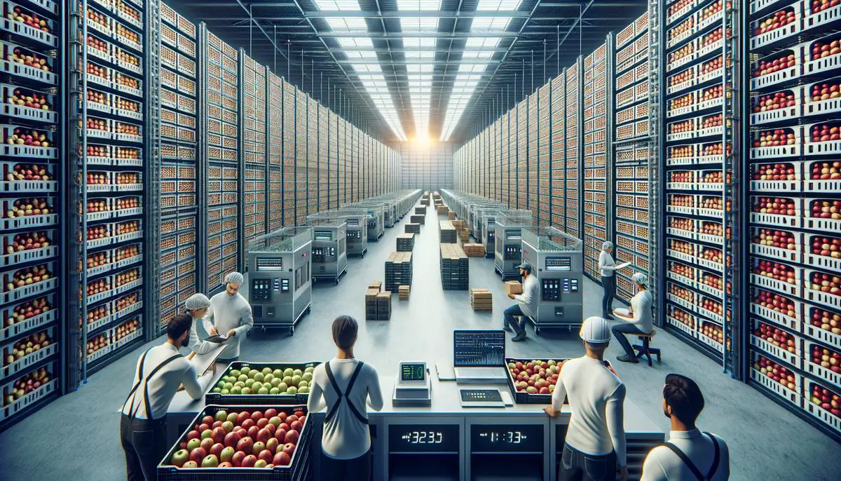 A large, modern apple storage facility with temperature-controlled rooms and stacks of apple crates