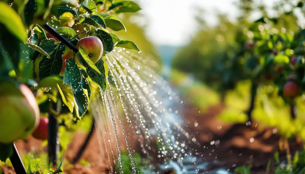 A modern drip irrigation system in action in an apple orchard, with water droplets visible on the leaves