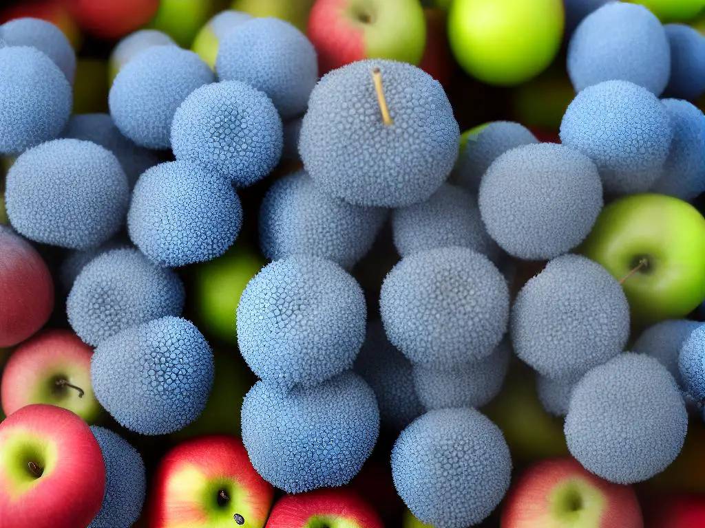 An image of a moldy apple with blue and white spots, showing the effect of Penicillium expansum and Mucor piriformis on apples.