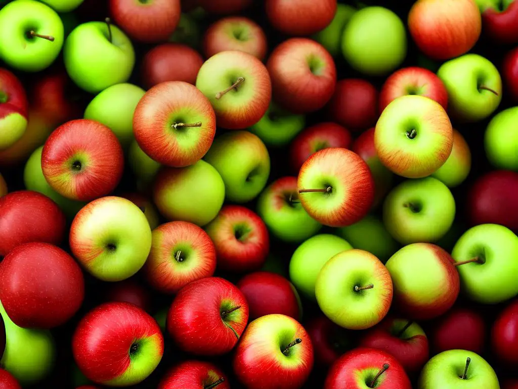 A photo of a basket of red apples with green streaks, a typical coloration of Molly Delicious apples.