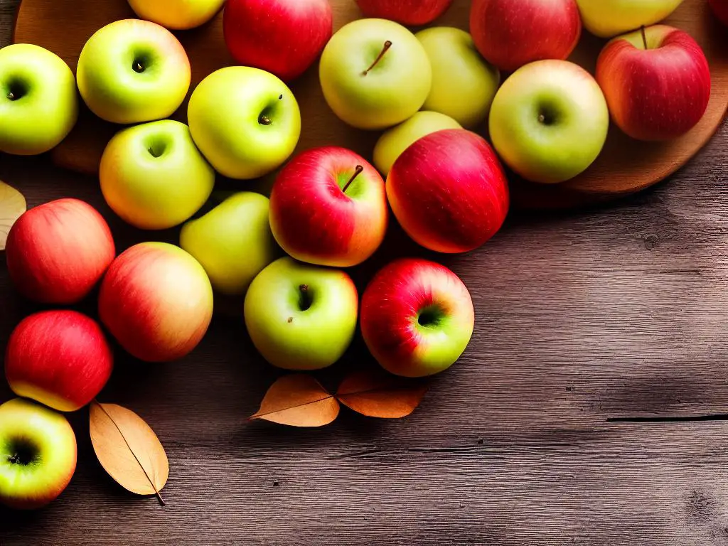 Molly Delicious apples, a close-up of the apples sitting on a wooden farm table.