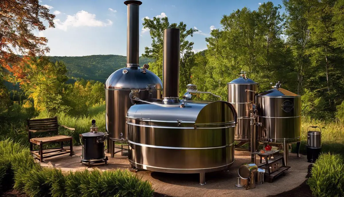 Moonshine still producing steam.