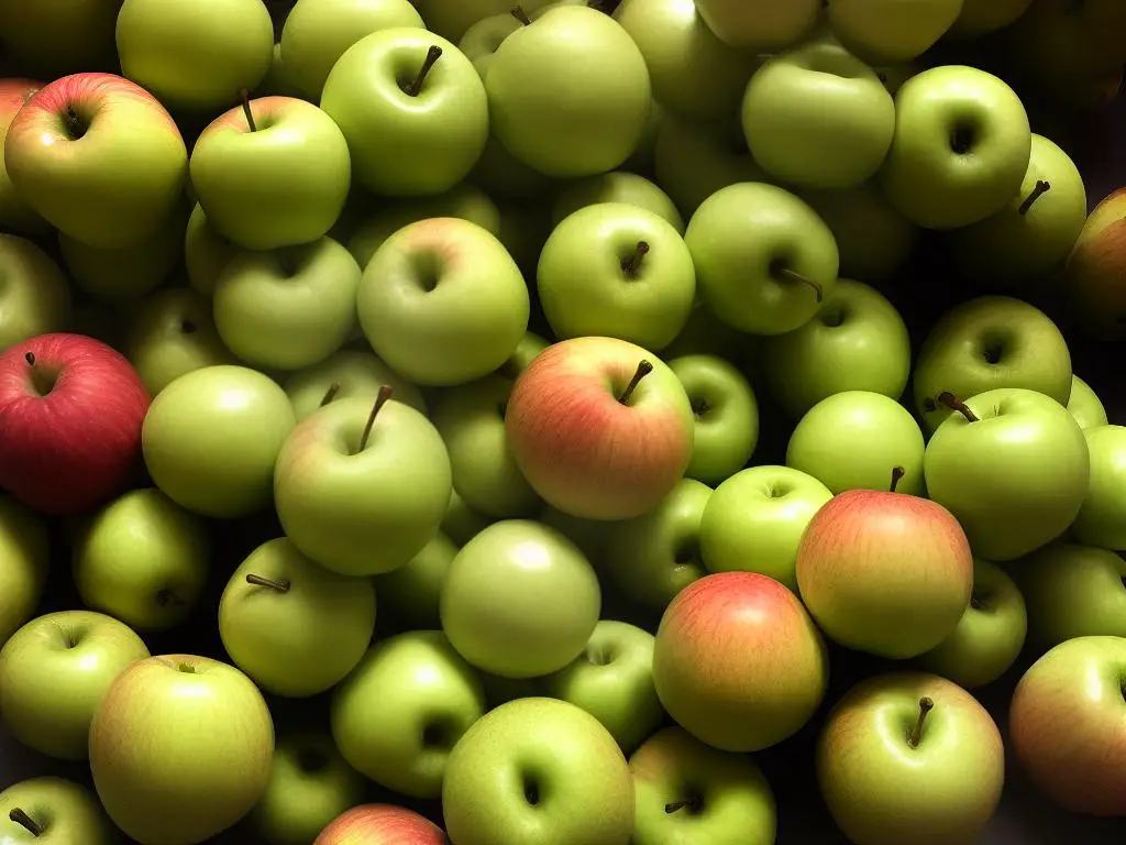 A photo of Mutsu apples which are green in color with a hint of yellow or orange when ripe. They have a creamy white flesh and are known for their sweet and tart taste.