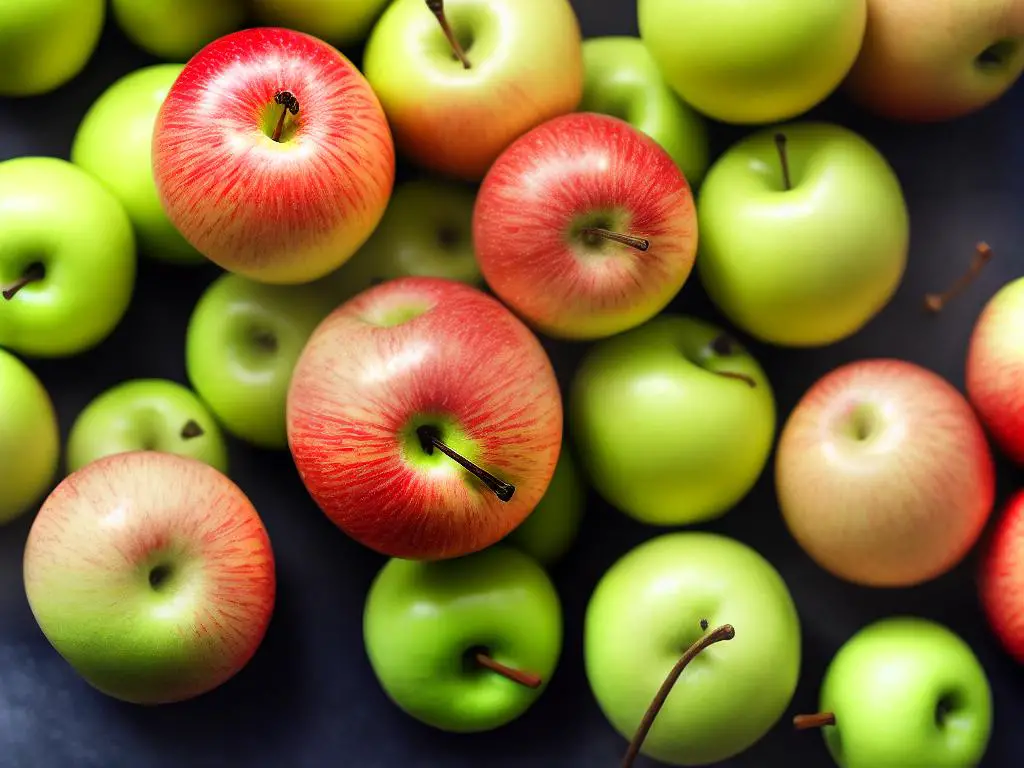 A close-up image of a Mutsu (Crispin) apple. The apple is large and round with a light green to yellow skin that often has a reddish blush. The crispy white flesh is visible and looks delicious.