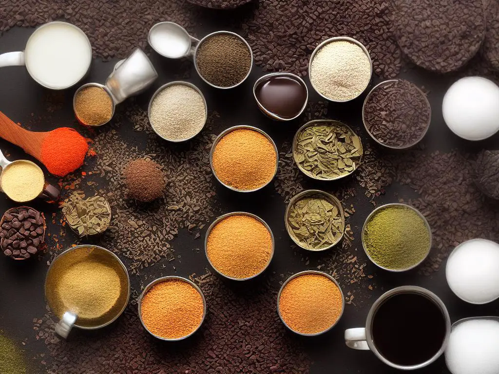 A picture of various natural sources of caffeine, including dark chocolate, matcha, yerba mate, guarana, and green tea.
