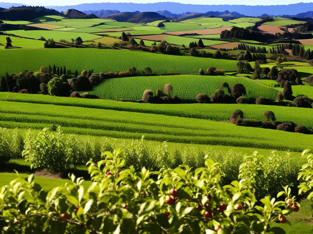 A scenic view of apple orchards in New Zealand's top regions for apple cultivation