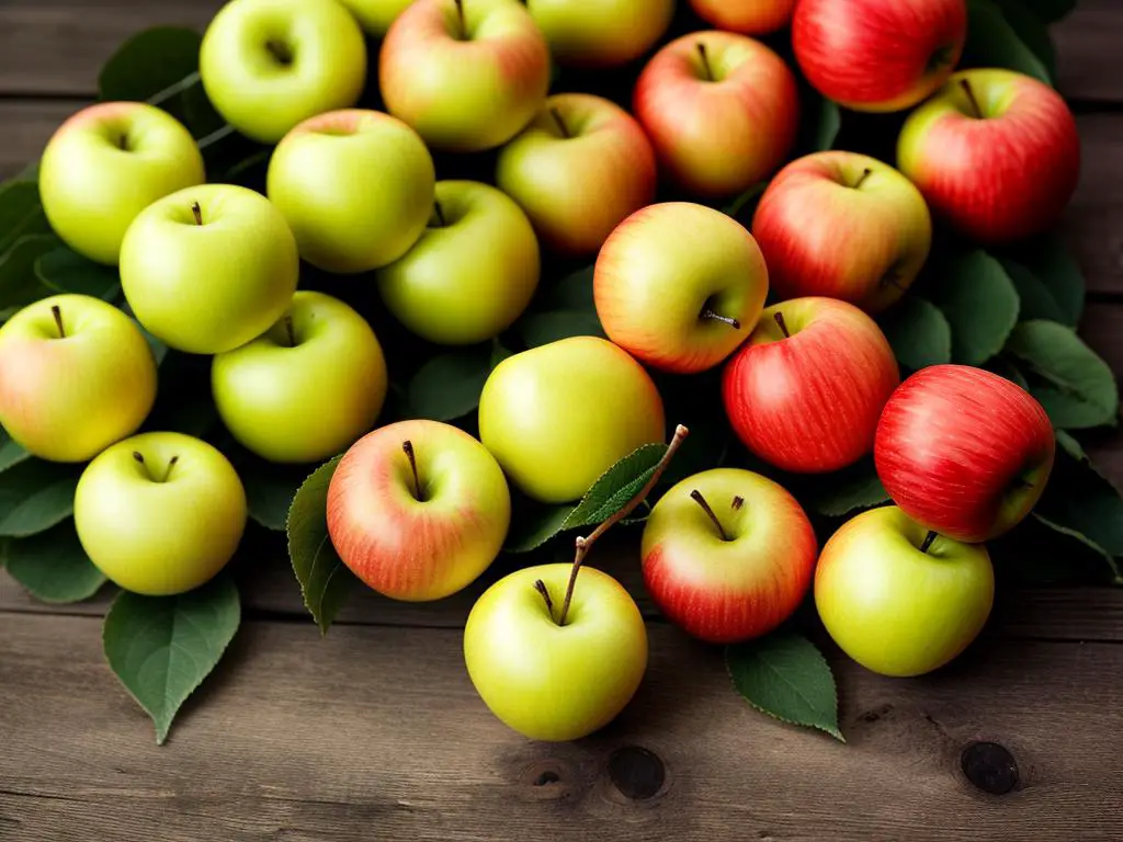 Image of Newtown Pippin Apples, showing their green-yellow skin with a russeted blush on top.