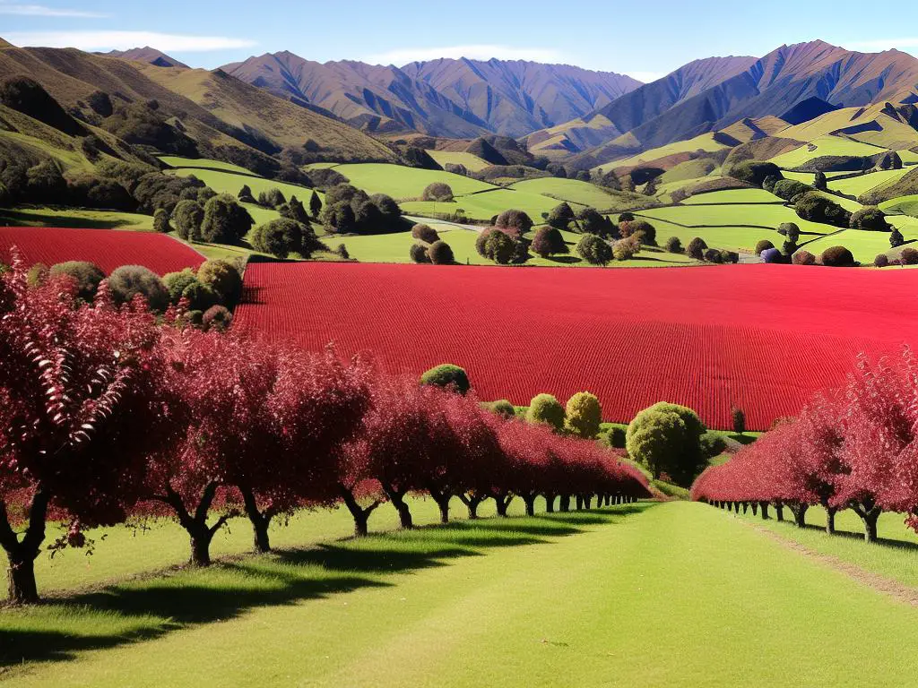 A scenic image of New Zealand's apple orchards during harvest season, with rows of trees filled with ripe red and green apples.