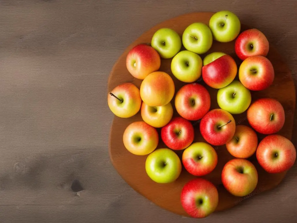 Several different types of apples, sliced and arranged in a visually appealing way on a wooden cutting board