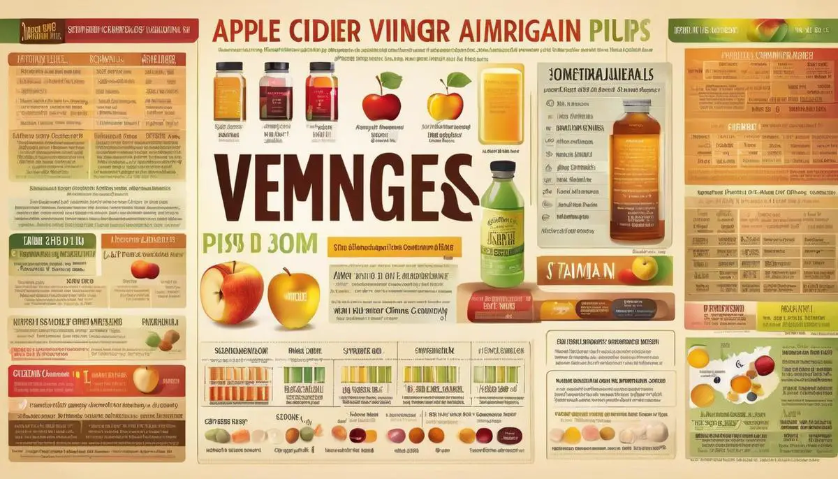 Illustration depicting the nutritional breakdown of apple cider vinegar pills, showcasing the various vitamins, minerals, acids, and compounds contained within the pills.