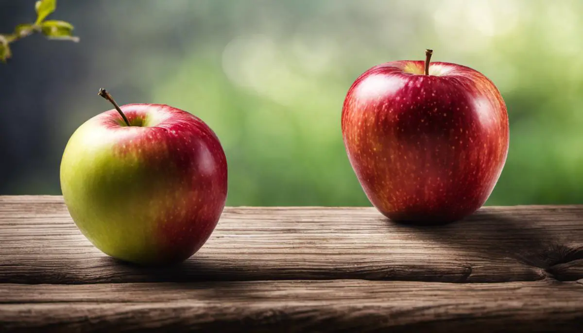 An image of a ripe apple on a wooden table