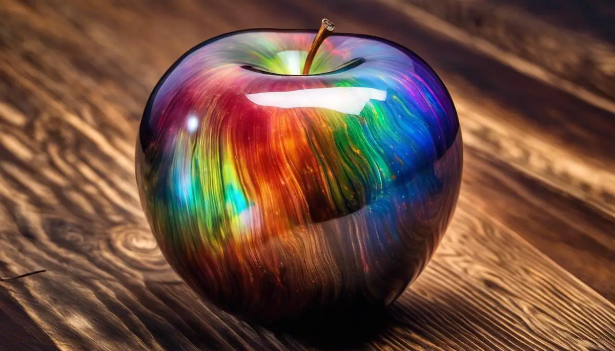 Opal apple on a wooden background, illustrating its unique appearance and attractiveness.