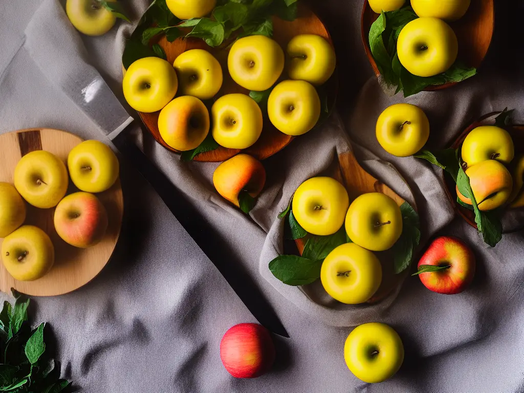 A photo of yellow Opal apples in a green bowl on a wooden table with a knife beside them