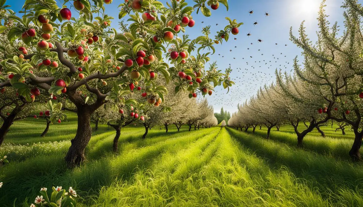 An image of apple trees in an orchard with bees flying around, illustrating the importance of cross-pollination in maximizing fruit yields.