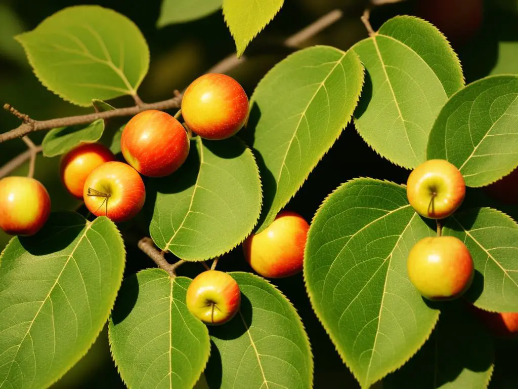 Close-up image of orange spots on apple tree leaves