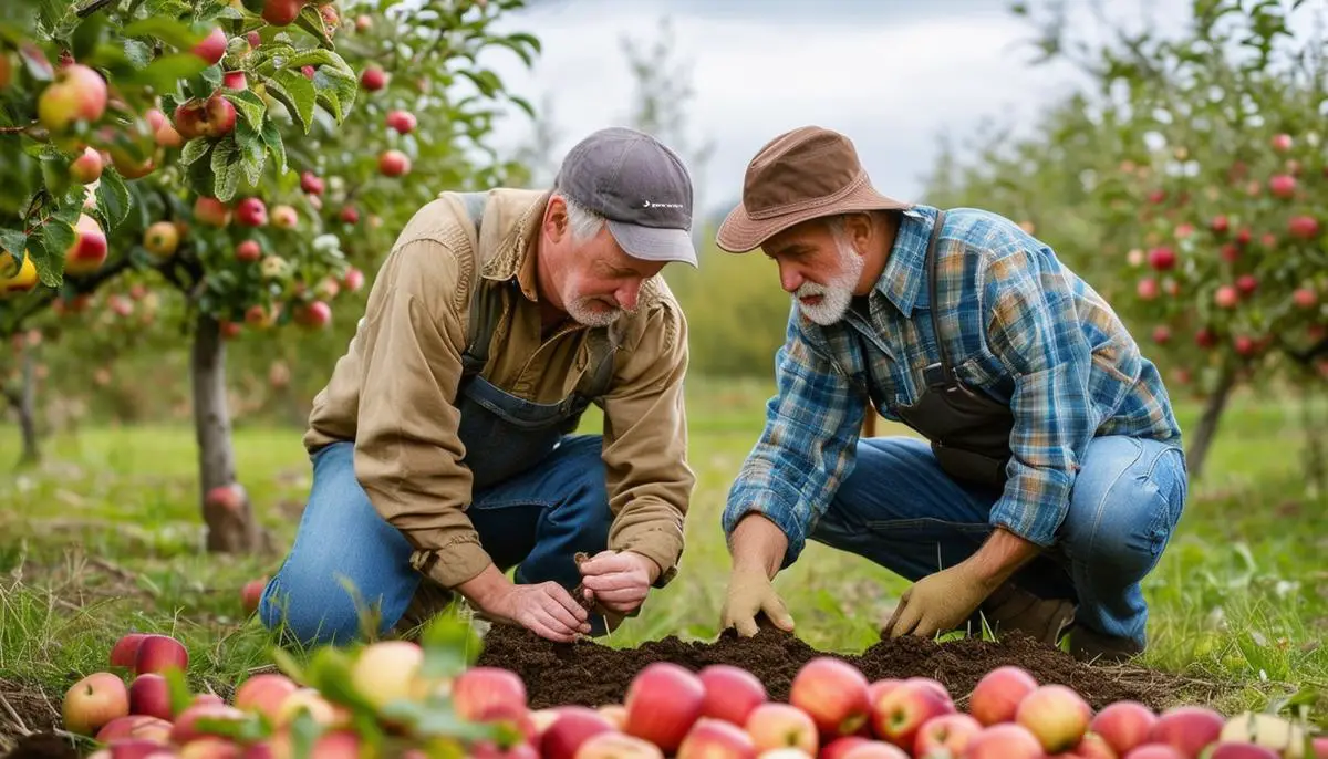 A farmer and a land expert evaluating a potential apple orchard site, examining soil samples