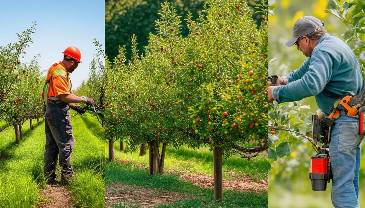 A collage of orchard management activities including pruning, pest control, and harvesting