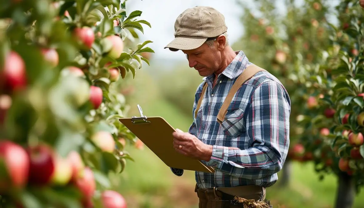 An orchard manager inspecting apple trees, making notes on a clipboard