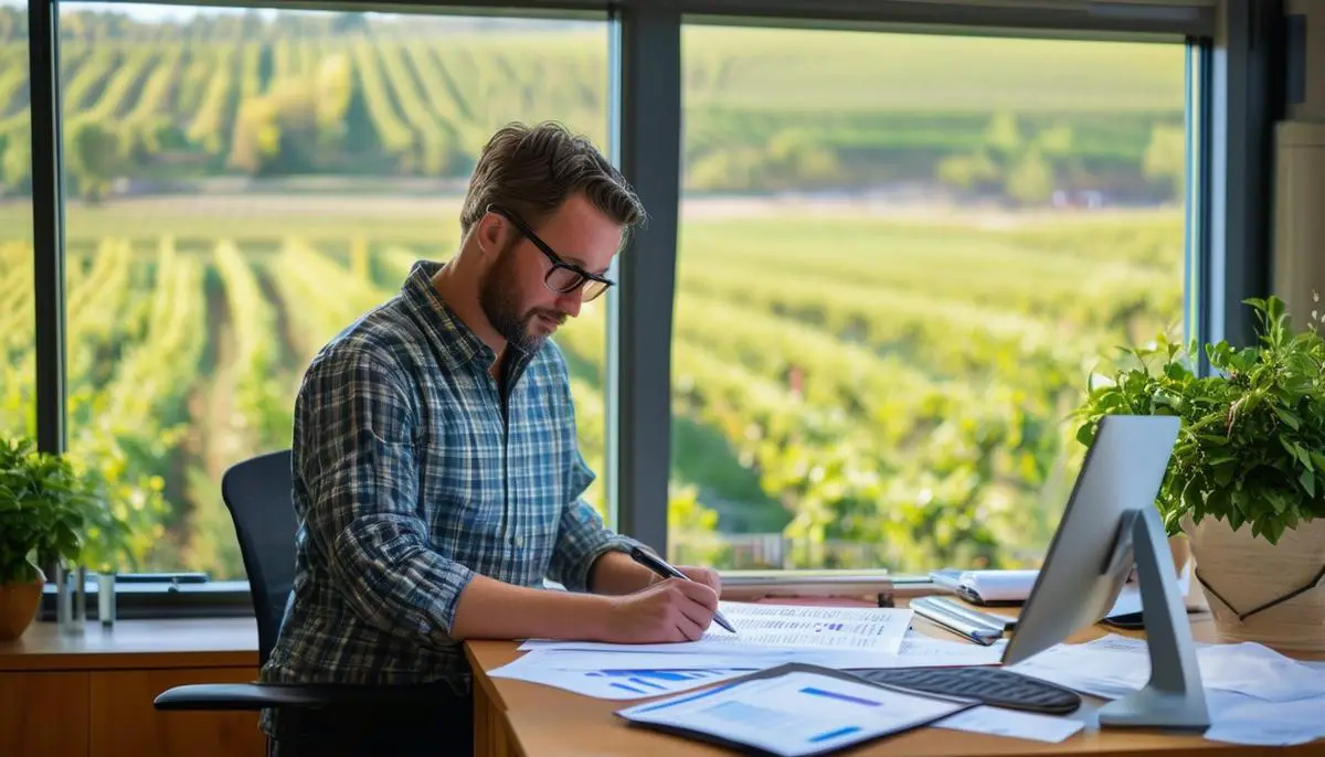 An orchard manager working on legal and insurance paperwork in an office with an orchard visible through the window