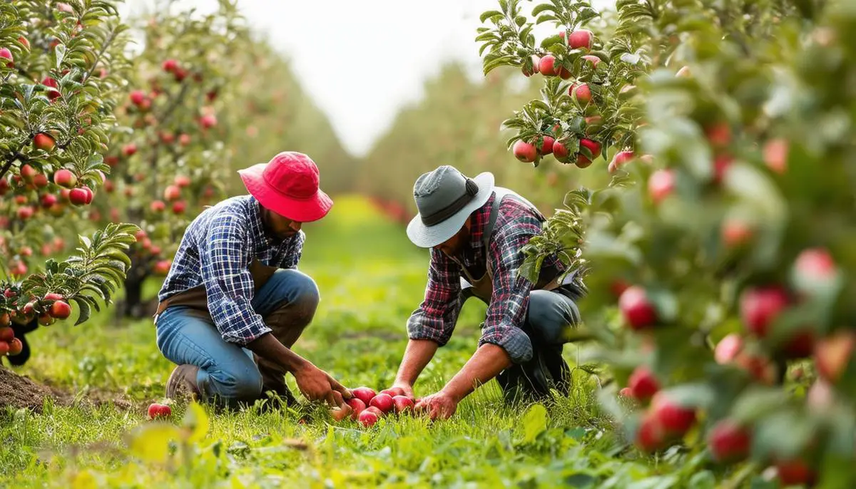 Workers tending to an apple orchard, representing various operating expenses