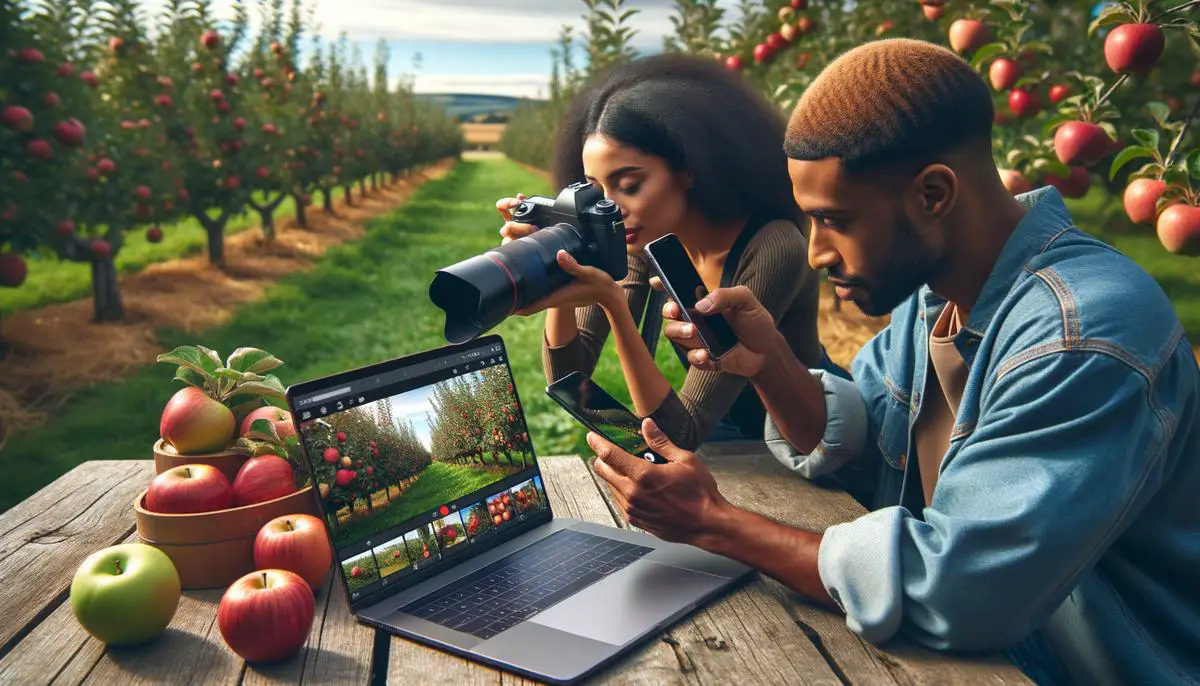 A person taking photos of beautiful apples and the orchard for social media marketing, with a smartphone and professional camera visible