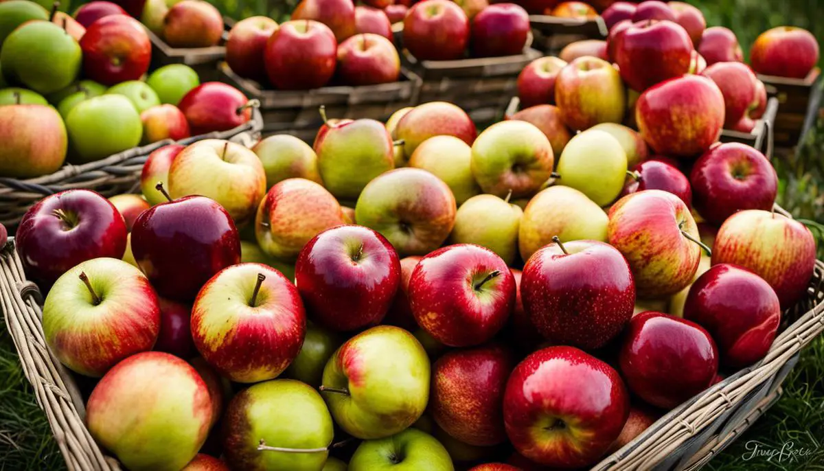 A beautiful image of different varieties of apples at an orchard during fall.