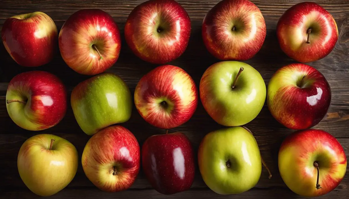 A variety of juicy and colorful Oregon apples on a wooden table