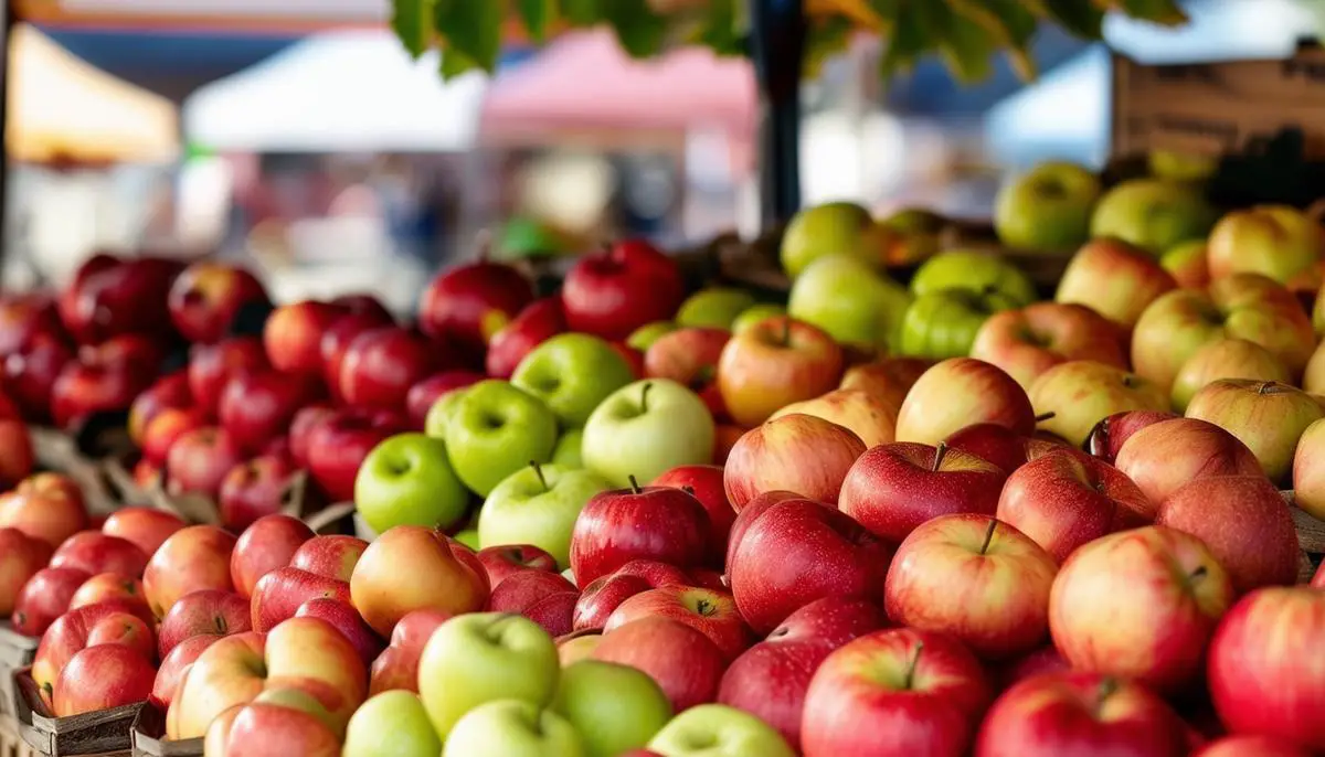 A vibrant farmers market stall showcasing various organic apple varieties