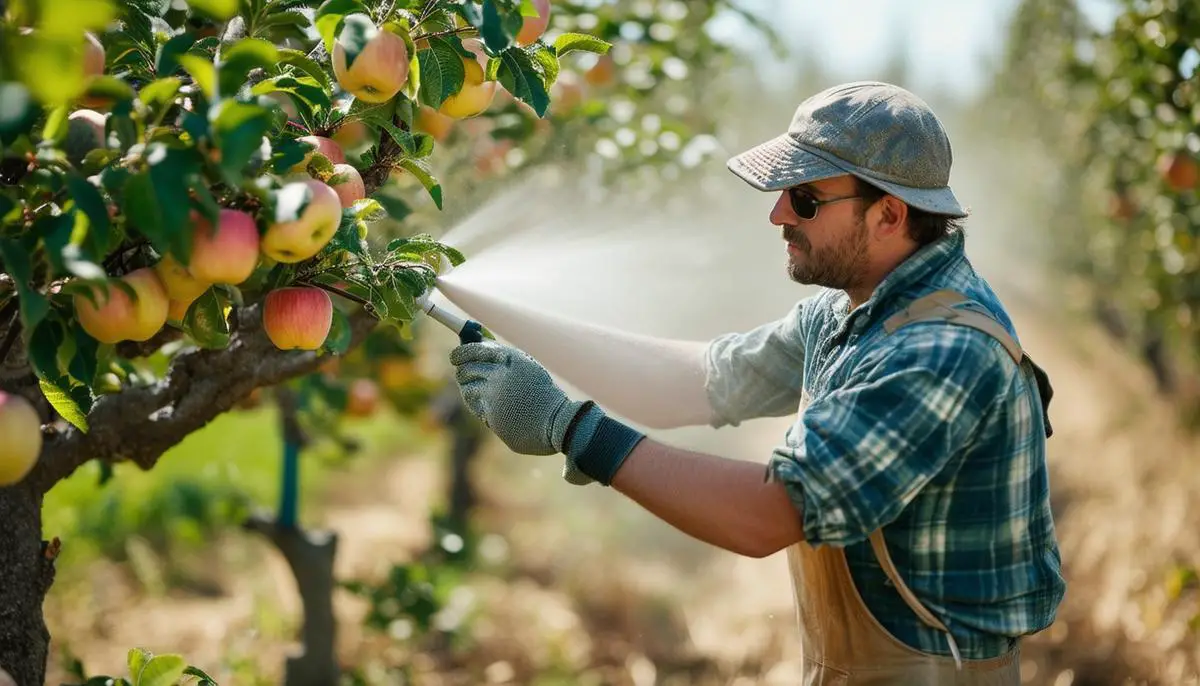 An organic farmer applying kaolin clay spray to apple trees for pest control