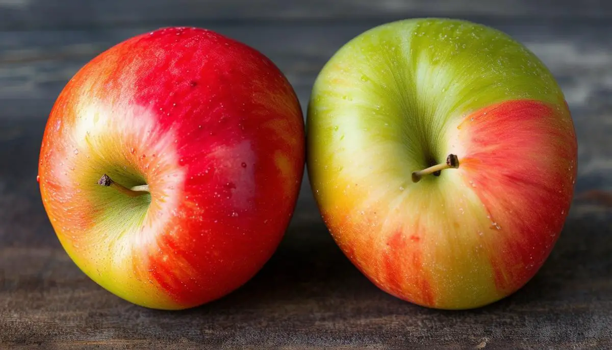 Side-by-side comparison of organically and conventionally grown apples