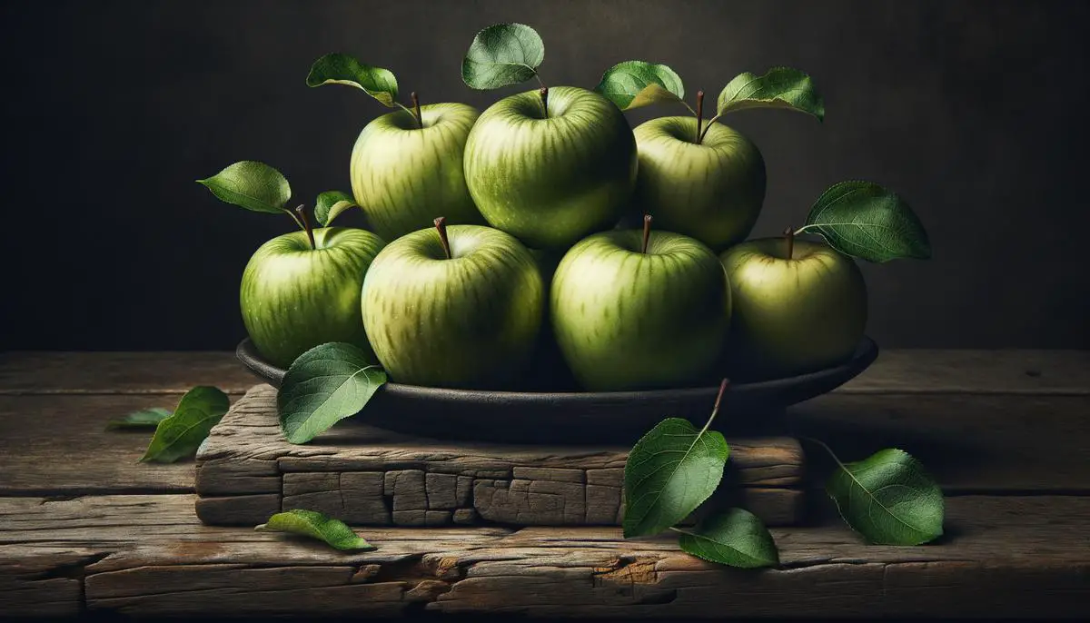 Organic Honeycrisp apples with green leaves on a wooden table
