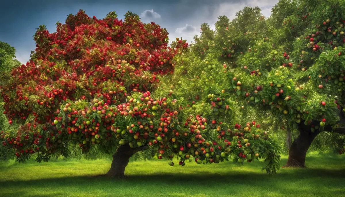 Image of a Paradise Apple Tree with clusters of red and green apples