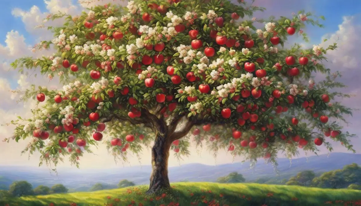 A lush Paradise Apple Tree in full bloom with red and green apples hanging from its branches