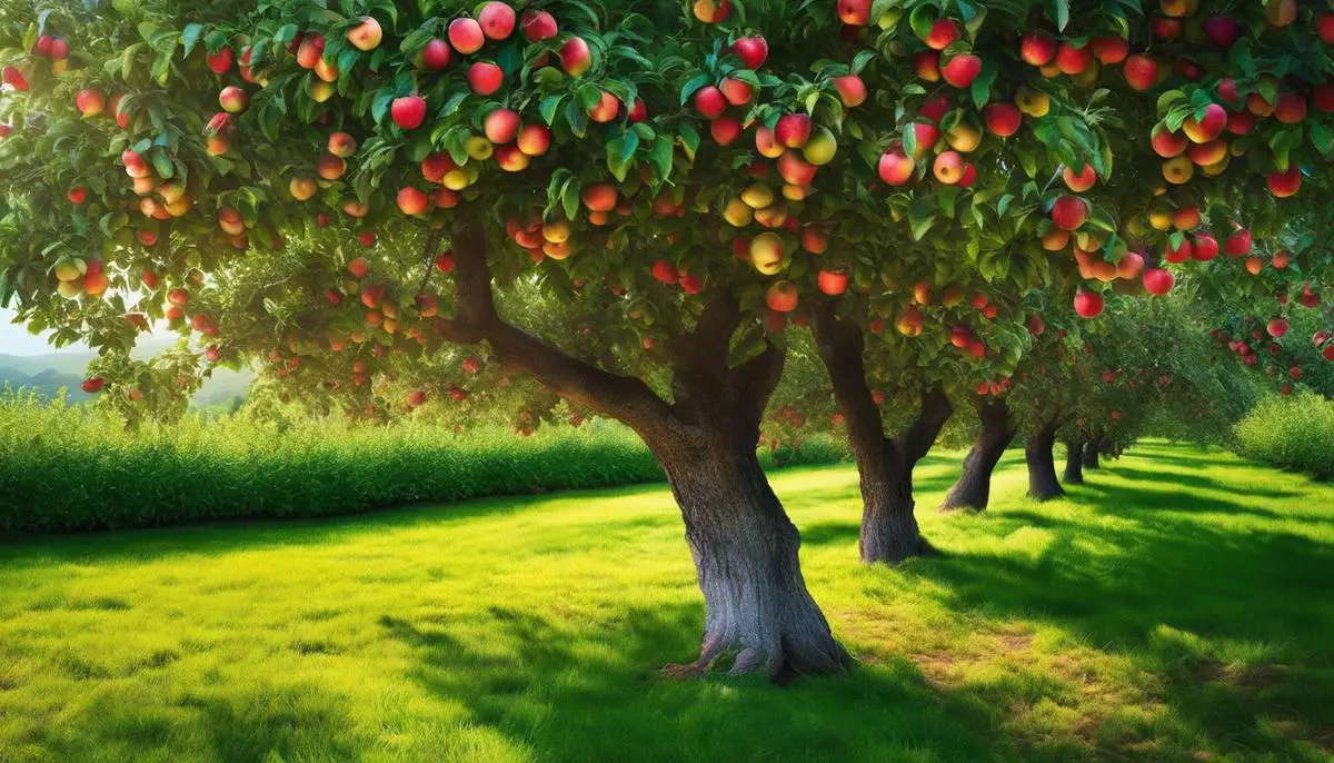 Image of a variety of apple trees growing in an orchard, showcasing their vibrant leaves and ripe fruits