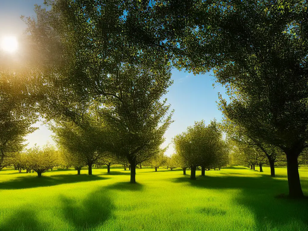 A picturesque orchard farm with trees lined up and sunbeams shining on them.