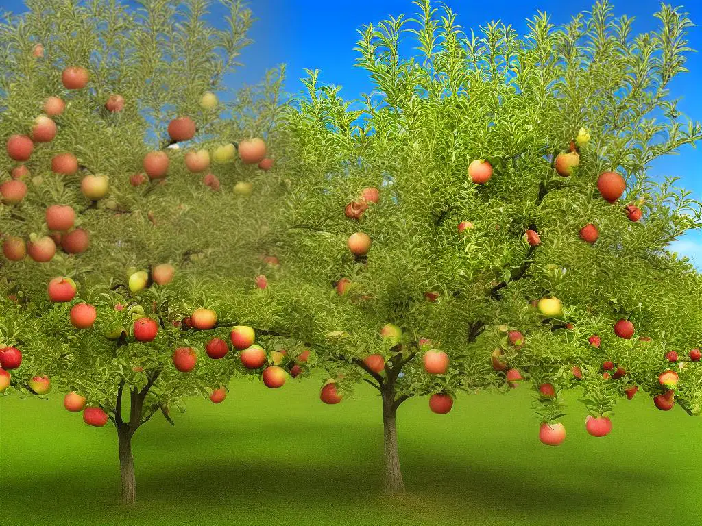 An illustration of an apple tree with pests and diseases to help identify common problems.