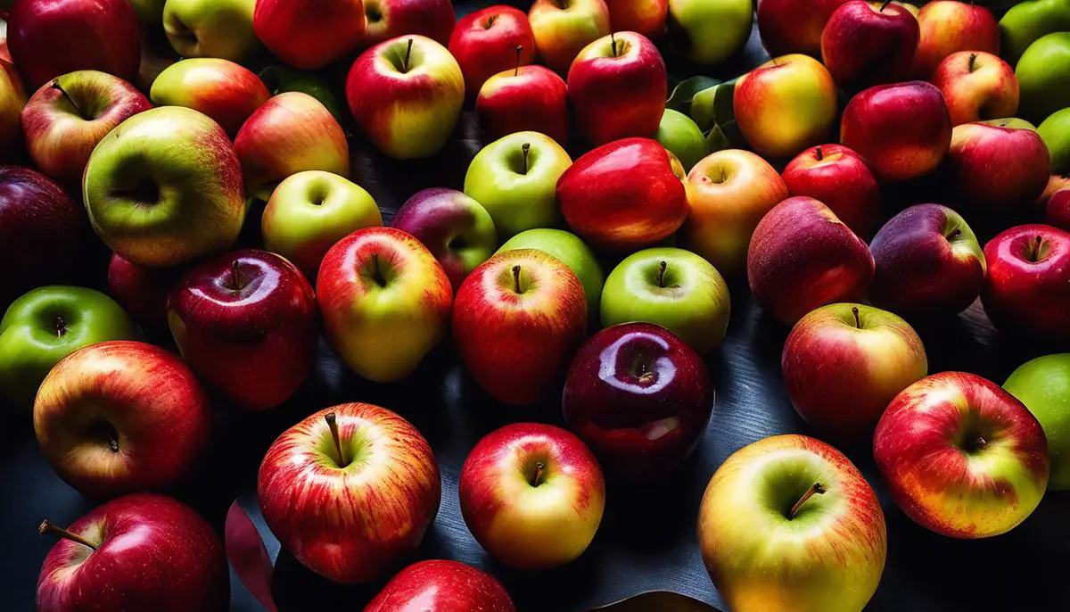 A close-up image of a variety of apples, showcasing their vibrant colors and different shapes and sizes.