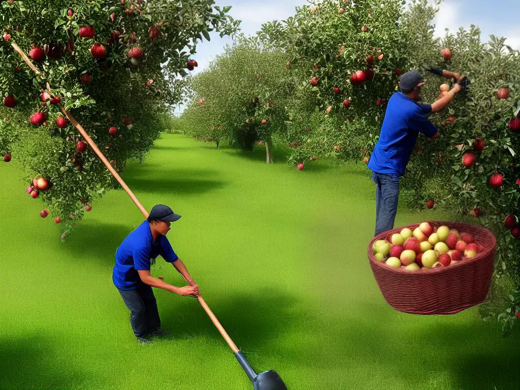 A person using a fruit-picking basket attached to a long pole picking apples from a tree.