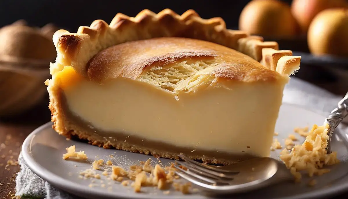 A close-up image of a perfectly baked pie crust with golden brown color and flaky layers