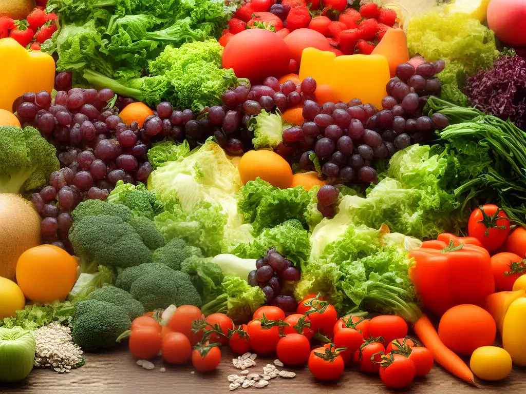 A picture of a pig surrounded by various types of fruits, vegetables, and grains.