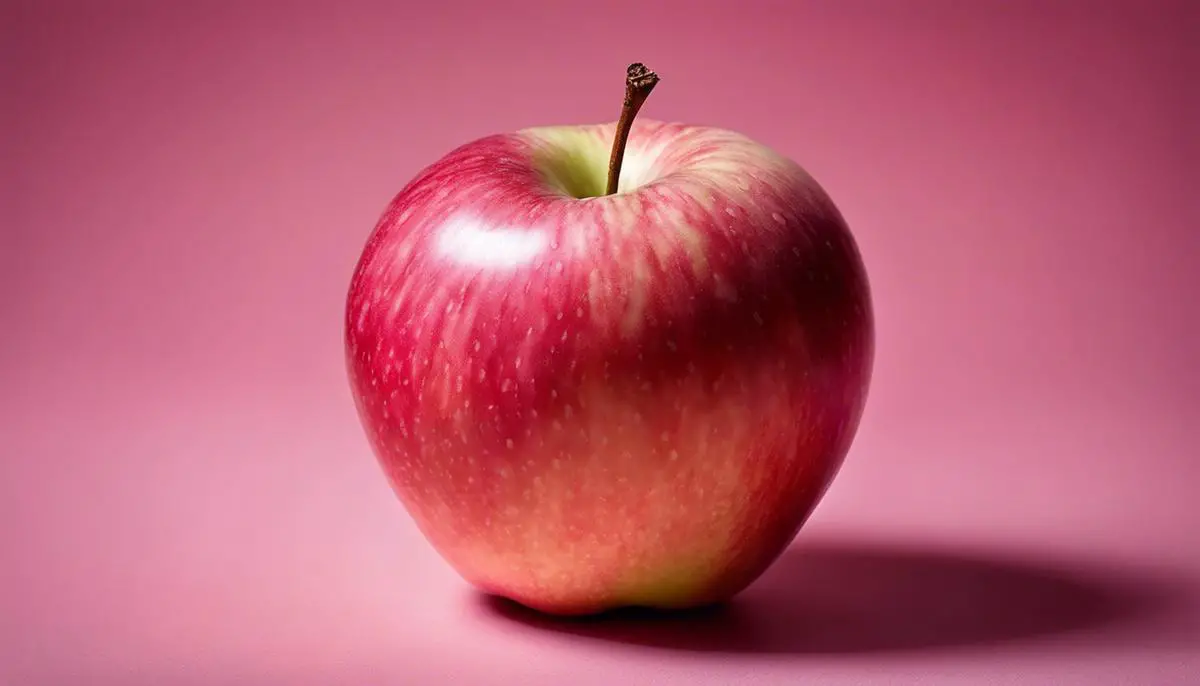 A close-up image of a Pink Lady apple, showing its blush-pink skin and crisp texture