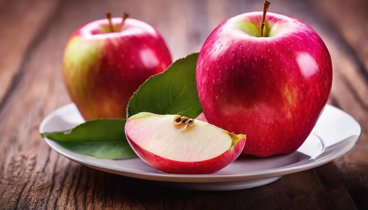 Image of a Pink Lady apple, a crisp, sweet, and tart apple that is a beloved snack choice and a dietary staple that caters to health and hedonism.