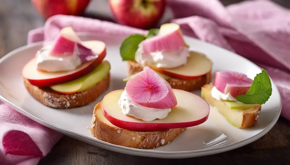 Image of a plate with slices of Pink Lady apples, crostini, and mascarpone, showcasing a culinary creation using Pink Lady apples