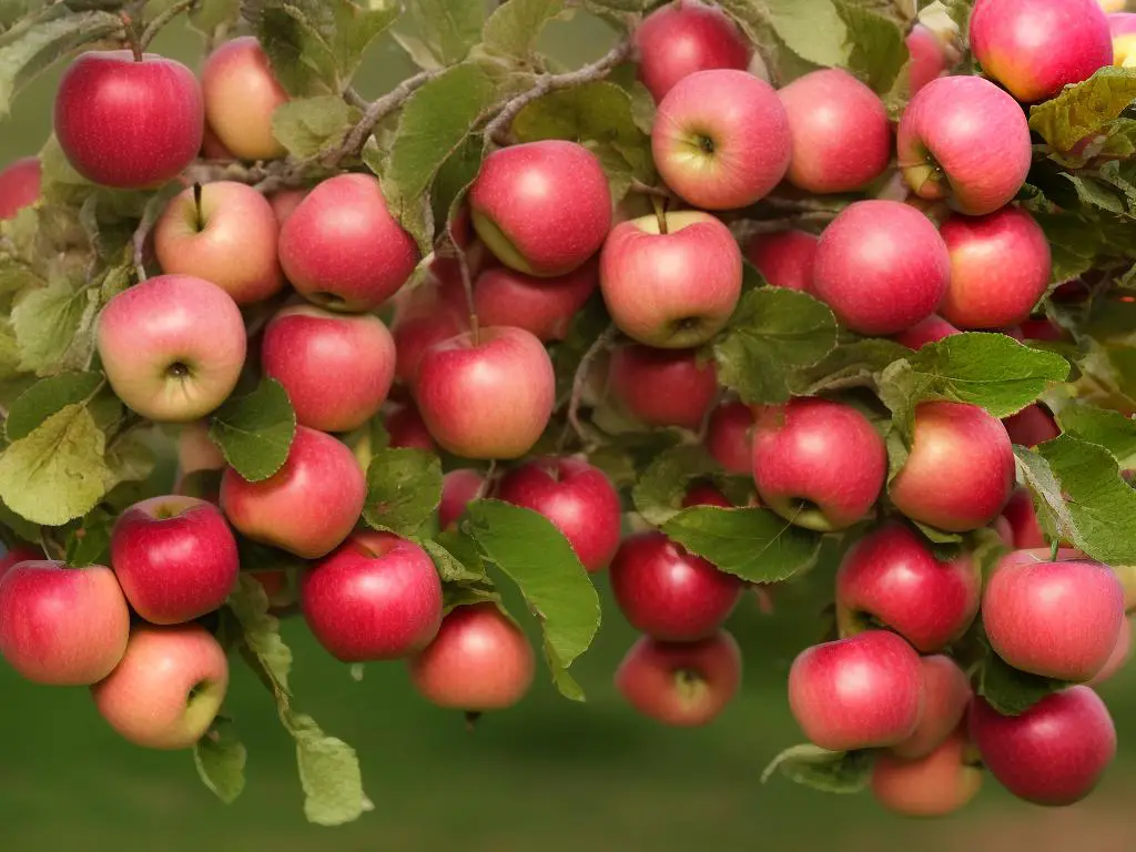 A photo of pink lady apples, small and round with pinkish-red streaks that turn into a pale yellow.