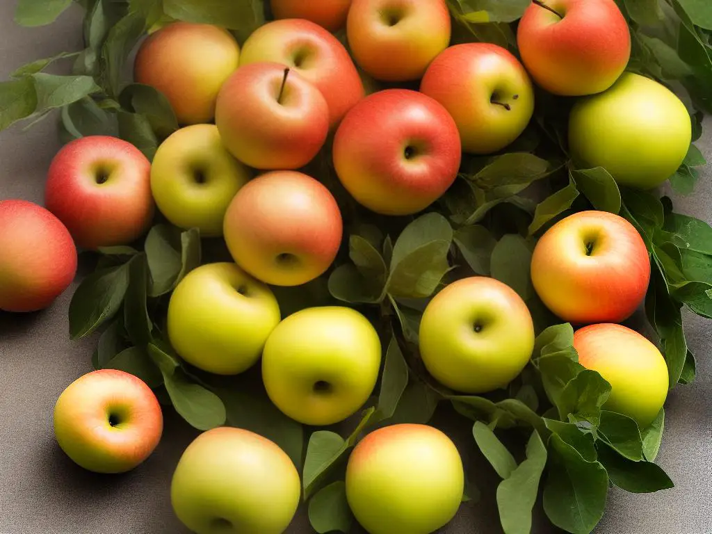 Image of Pinova apples, medium to large in size, with an elongated, cylindrical shape. Their skin is a beautiful blend of orange and yellow shades streaked with red blush stripes.