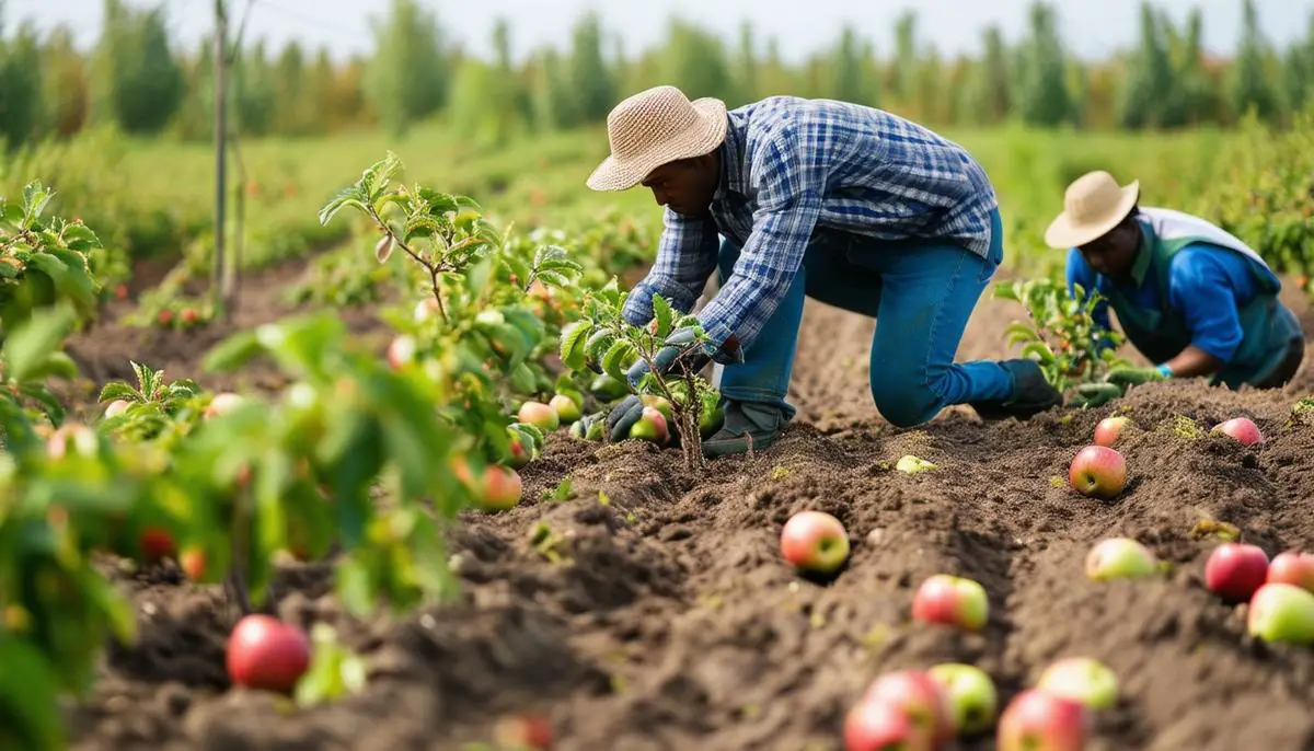 Workers carefully planting young apple saplings in neat rows in a prepared field