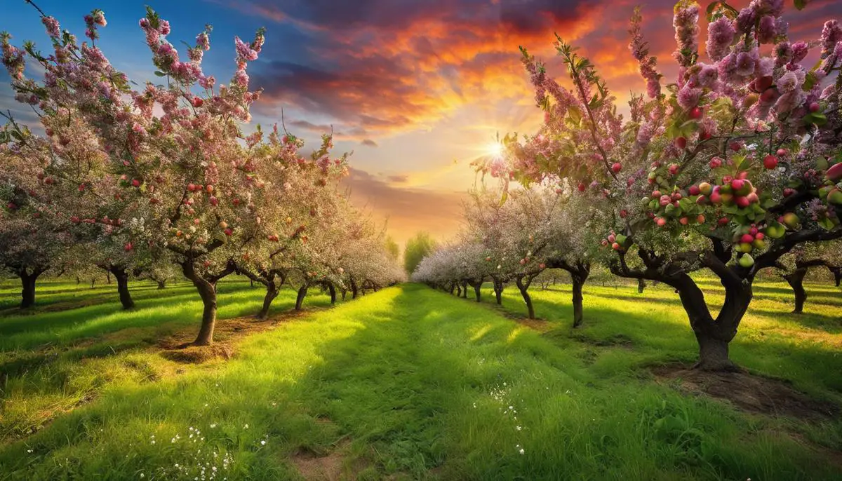 Image of apple trees in a vibrant orchard, showcasing the beauty and abundance of nature's pollination process.