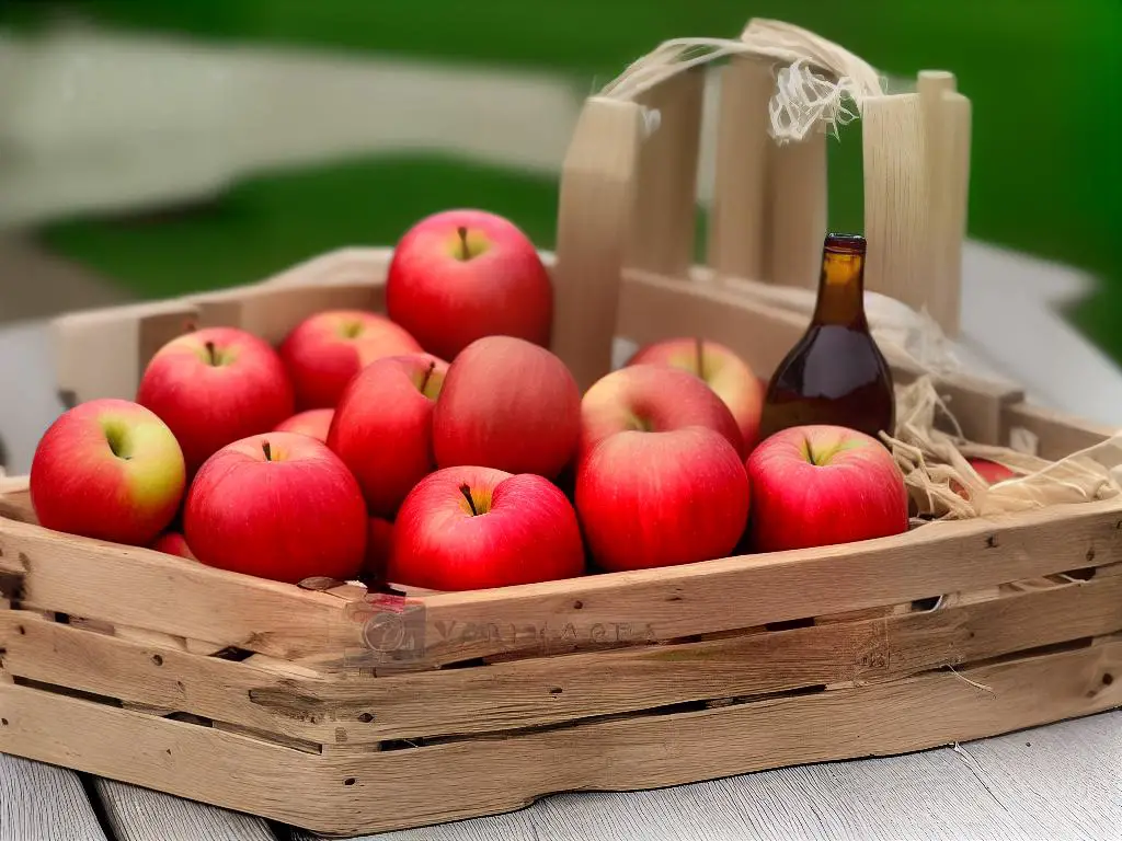 A basket of red apples with a cider glass and a wooden crate in the background